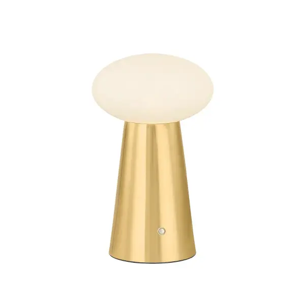 The Cashel delivers modern style in a petite 10-inch format. Its cloud glass shade and aged brass base create visual interest, while integrated LED, USB-C charging, and 12-15 hour battery life make it highly portable and functional.