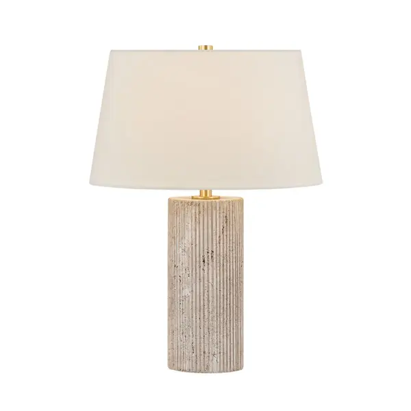 The Highland Mills table lamp celebrates the natural beauty of travertine. The cylindrical base's finely carved linear fluting creates a vertical texture on the surface, adding dimensionality to the smooth stone. A tapered off-white linen shade and Aged Brass hardware contribute to the lamp's neutral palette. Available in two sizes, this elevated accent is well-suited to side tables and consoles. Due to the one-of-a-kind nature of the medium, exact colors and patterns may vary slightly from the image shown. Collection: Highland Mills Designer: Hudson Valley Lighting Finish: Aged Brass Glass: Off White Linen Width: 16.00" Height: 21.75" Weight: 24.25 lb Number of Bulbs: 1 Maximum Wattage: 15.00 W Bulb Type: A19 Bulb Base: E26 Medium Voltage: 120.00 V Material: Ceramic Country of Origin: VN Safety Listing: UL/cUL Safety Rating: Dry Switch: FULL RANGE DIMMER ON SOCKET Manufacturer Warranty: 1 Year Limited Manufacturer Spec Sheet Instructions