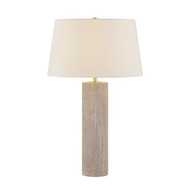 The Highland Mills table lamp celebrates the natural beauty of travertine. The cylindrical base's finely carved linear fluting creates a vertical texture on the surface, adding dimensionality to the smooth stone. A tapered off-white linen shade and Aged Brass hardware contribute to the lamp's neutral palette. Available in two sizes, this elevated accent is well-suited to side tables and consoles. Due to the one-of-a-kind nature of the medium, exact colors and patterns may vary slightly from the image shown. Collection: Highland Mills Designer: Hudson Valley Lighting Finish: Aged Brass Glass: Off White Linen Width: 18.00" Height: 29.25" Weight: 33.07 lb Number of Bulbs: 1 Maximum Wattage: 15.00 W Bulb Type: A19 Bulb Base: E26 Medium Voltage: 120.00 V Material: Ceramic Country of Origin: VN Safety Listing: UL/cUL Safety Rating: Dry Switch: FULL RANGE DIMMER ON SOCKET Manufacturer Warranty: 1 Year Limited Manufacturer Spec Sheet Instructions
