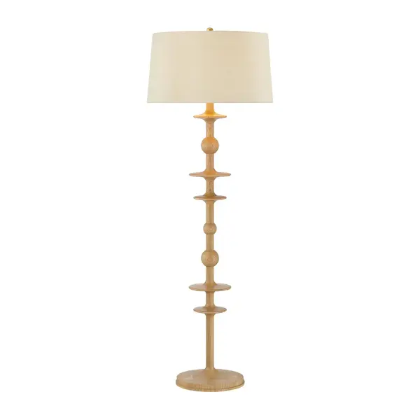 Inspired by Biedermeier candlesticks, the Jefferson Heights lamp family introduces a playful rhythm to transitional interiors through sculptural turned wood. Slender saucers alternate with rounded spheres to form the totemic oak base. Both the table and floor lamps are paired with wheat linen drum shades that harmonize with the organic character of the wood. Aged Brass-finished hardware completes these artful lamps. Due to the one-of-a-kind nature of the medium, exact colors and patterns may vary slightly from the image shown. Collection: Jefferson Heights Designer: Hudson Valley Lighting Finish: Aged Brass Glass: Wheat Linen Width: 22.00" Height: 62.50" Weight: 19.70 lb Number of Bulbs: 1 Maximum Wattage: 15.00 W Bulb Type: A19 Bulb Base: E26 Medium Voltage: 120.00 V Material: Wood Country of Origin: VN Safety Listing: UL/cUL Safety Rating: Damp Switch: FULL RANGE DIMMER ON SOCKET Manufacturer Warranty: 1 Year Limited Manufacturer Spec Sheet Instructions