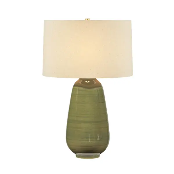 The softly tapered, familiar silhouette of the Piermont table lamp embraces a lush, earthy palette. Glazed in Dark Forest, the ceramic base has a hand-washed quality with tonal variation created by the horizontal brushstrokes. The rich hues are balanced with a neutral Wheat Linen shade and finished with Aged Brass hardware. Due to the one-of-a-kind nature of the medium, exact colors and patterns may vary slightly from the image shown. Collection: Piermont Designer: Hudson Valley Lighting Finish: Aged Brass Glass: Wheat Linen Width: 18.00" Height: 27.00" Weight: 9.48 lb Number of Bulbs: 1 Maximum Wattage: 15.00 W Bulb Type: A19 Bulb Base: E26 Medium Voltage: 120.00 V Material: Ceramic Country of Origin: VN Safety Listing: UL/cUL Safety Rating: Dry Switch: FULL RANGE DIMMER ON CORD Manufacturer Warranty: 1 Year Limited Manufacturer Spec Sheet Instructions