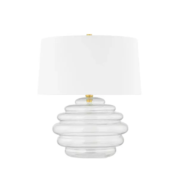 The Oshawa brings an artistic, airy presence to any space with its clear glass bubble form and refined aged brass accents. The white linen shade provides soft, diffused light while the minimal frame adds subtle metallic warmth.