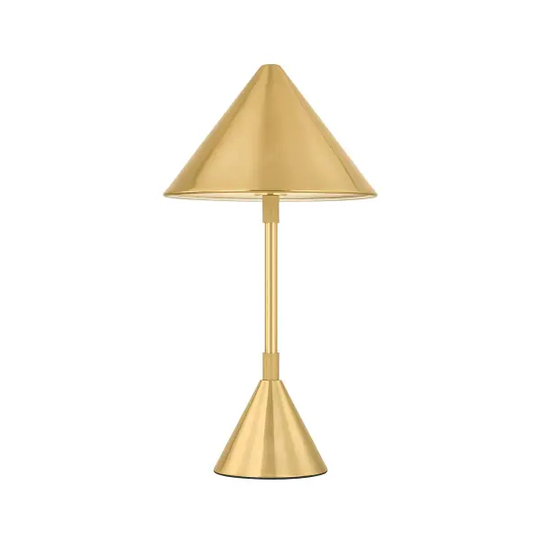 The Salma table lamp delivers modern minimalism with practical portability. Its all-metal construction in Aged Brass finish, integrated LED, and rechargeable battery make it ideal for flexible lighting needs in contemporary spaces.