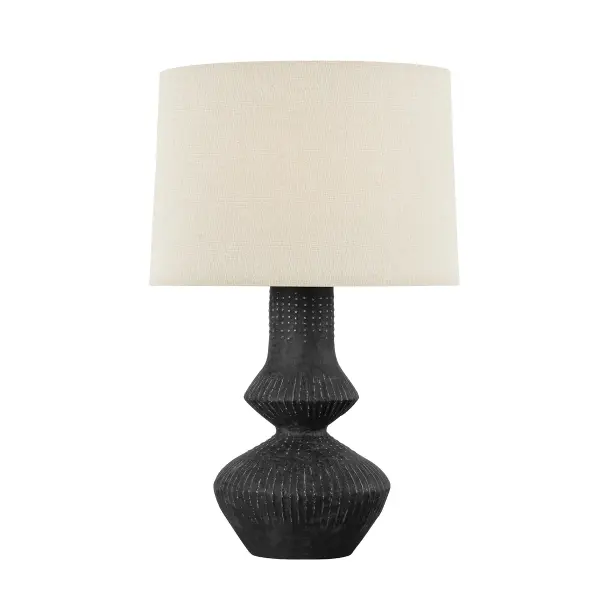 This Hudson Valley table lamp combines vintage gold leaf metalwork with a striking ceramic totem black base, creating a refined transitional aesthetic that bridges classic and contemporary design sensibilities.