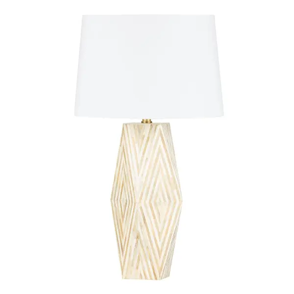 Intricately patterned in horn inlay, the faceted design of Syracuse adds character to a side table, desk, or console. Softening the angularity of the triangular cuts on the base, the inlay is divided into small segments with alternating warm neutral hues. Aged Brass accents at the neck and a large white linen drum shade offer refined finishing notes. Due to the one-of-a-kind nature of the medium, exact colors and patterns may vary slightly from the image shown. Collection: Syracuse Designer: Hudson Valley Lighting Finish: Aged Brass Glass: White Linen Width: 17.00" Height: 29.50" Length: 17.00" Weight: 13.80 lb Number of Bulbs: 1 Maximum Wattage: 15.00 W Bulb Type: A19 Bulb Base: E26 Medium Voltage: 120.00 V Material: Natural Stone Country of Origin: IN Safety Listing: UL/cUL Safety Rating: Dry Switch: FULL RANGE DIMMER ON SOCKET Manufacturer Warranty: 1 Year Limited Manufacturer Spec Sheet Instructions