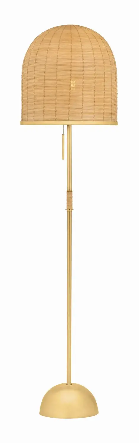 The Darfield floor lamp showcases exceptional Indian craftsmanship with its handwoven natural rattan shade in a distinctive mushroom silhouette. The slender Aged Brass base provides elegant contrast while the earthy materials create inviting warmth.
