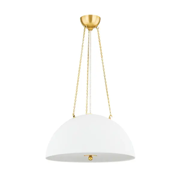 This Hudson Valley pendant combines aged brass metalwork with white plaster shades for a sophisticated transitional look. The three-light configuration provides ample illumination while the warm brass finish adds timeless appeal to modern and traditional spaces alike.