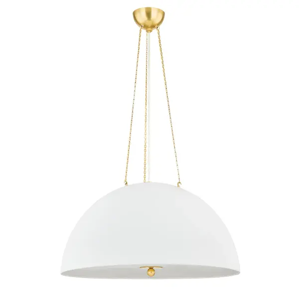 This elegant pendant combines aged brass metalwork with white plaster shades for a refined, transitional aesthetic. The four-light configuration provides ample illumination while the warm brass finish adds timeless sophistication to dining and living spaces.