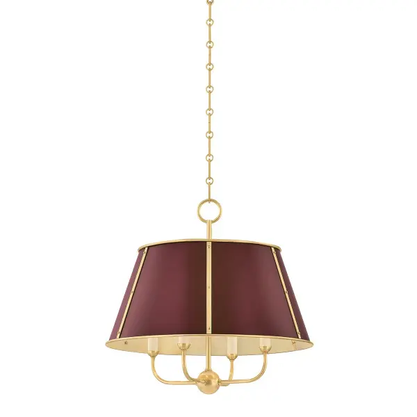 This sophisticated chandelier combines aged brass metalwork with soft crimson fabric shades, creating a warm and inviting ambiance. The four-light configuration provides ample illumination while maintaining an elegant profile suitable for traditional and contemporary interiors.