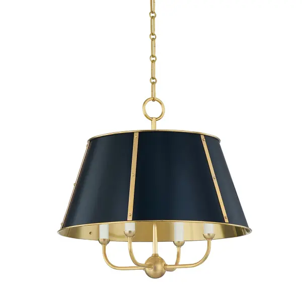 This Hudson Valley chandelier combines aged brass with darkest blue accents for a refined contemporary look. The four-light configuration provides balanced illumination while the distinctive finish pairing adds visual interest to dining and living spaces.