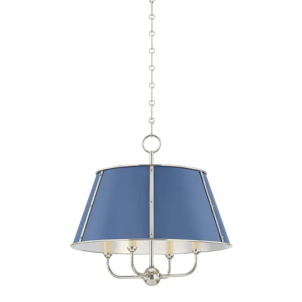 This Hudson Valley chandelier combines polished nickel hardware with soft French blue shades for a sophisticated transitional look. The four-light configuration provides ample illumination while maintaining visual balance.