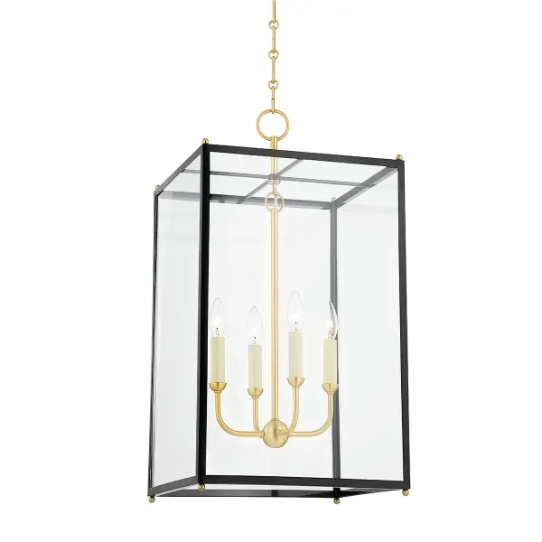 This four-light lantern combines traditional lantern styling with a unique aged brass and darkest blue finish combination. The substantial size and classic proportions make it ideal for entryways and dining spaces.