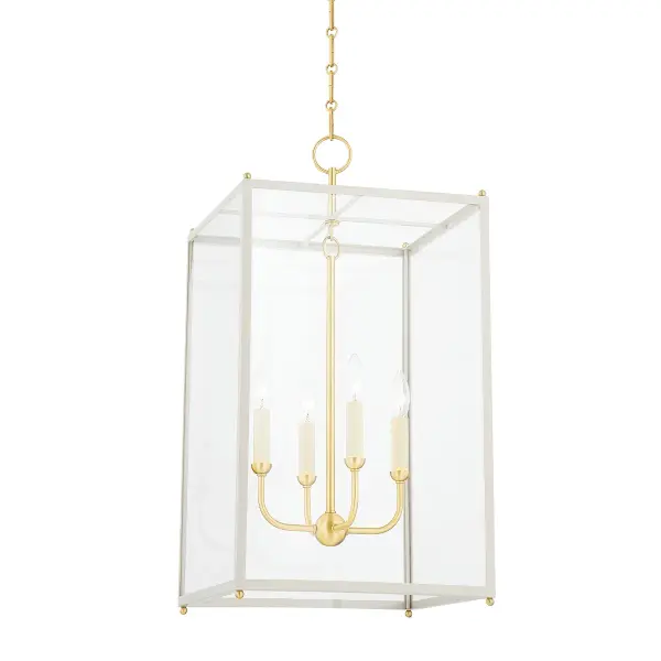 This four-light lantern combines aged brass metalwork with off-white fabric shades for a refined traditional aesthetic. The lantern silhouette works beautifully in entryways and dining spaces, offering both ambient and decorative lighting.