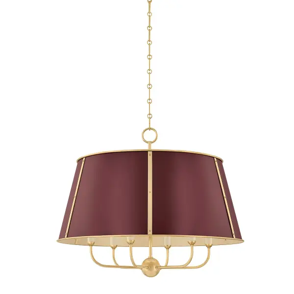 This elegant six-light chandelier combines aged brass metalwork with soft crimson fabric shades, creating a warm, inviting glow. The transitional design bridges traditional and contemporary aesthetics, making it versatile for various interior styles.