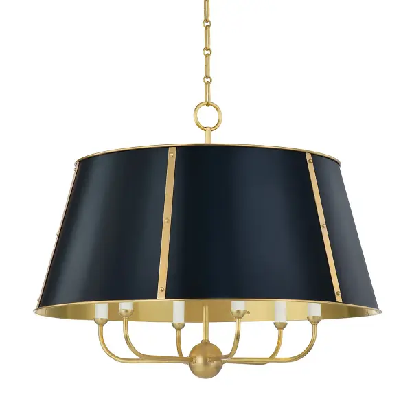This Hudson Valley chandelier combines warm aged brass with striking darkest blue accents for a refined contemporary look. The six-light configuration provides ample illumination while maintaining visual balance.