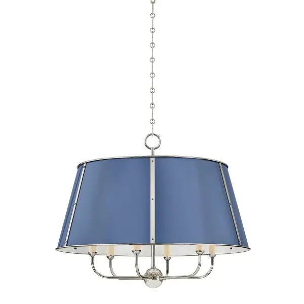 This Hudson Valley chandelier combines polished nickel hardware with soft French blue accents for a refined transitional aesthetic. The six-light configuration provides ample illumination while the dual-tone finish adds visual interest and coastal charm.