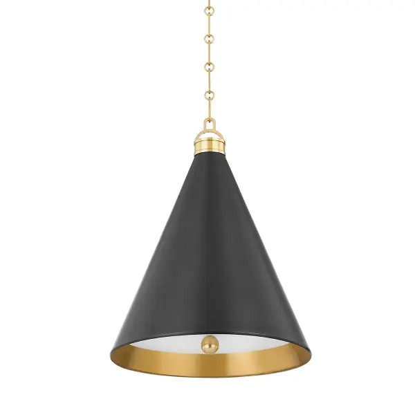 The Osterley pendant combines timeless cone silhouette with sophisticated dual-finish metalwork. Aged Brass interior contrasts beautifully with Distressed Bronze exterior, creating visual depth and warm ambient glow. Versatile sizing works solo or in multiples.