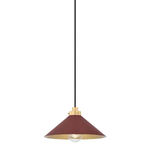 This sophisticated pendant combines aged brass metalwork with a soft crimson fabric shade, creating a warm, inviting glow. The compact size makes it versatile for intimate spaces while the rich color palette adds depth.