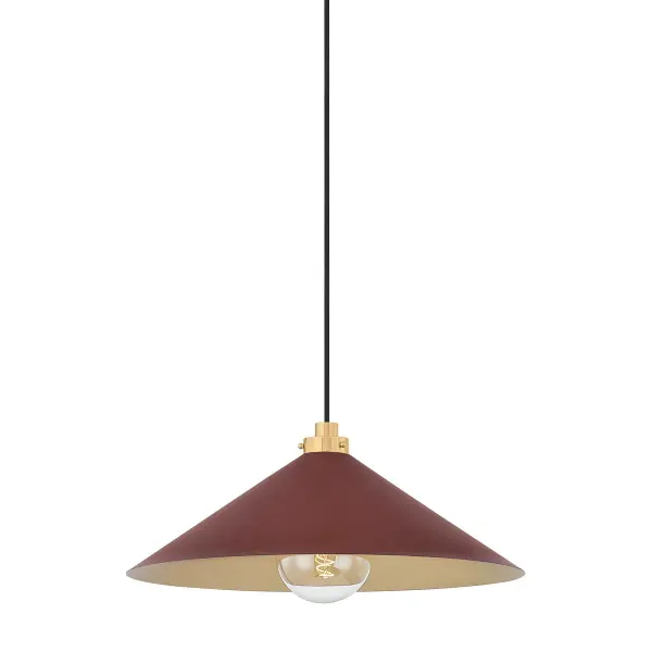 This sophisticated pendant combines aged brass metalwork with a soft crimson fabric shade, creating a warm, inviting glow. The compact size makes it versatile for intimate spaces while the rich color palette adds depth and character.