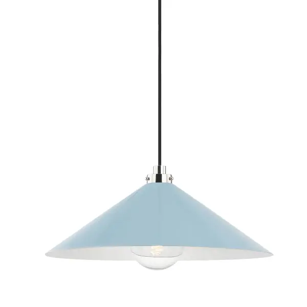 This Hudson Valley pendant combines polished nickel hardware with a unique blue bird glass shade, creating a refined focal point. The single-light design offers versatility for various spaces while the artisanal glass adds character.