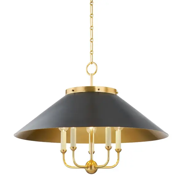 This Hudson Valley chandelier combines aged brass and distressed bronze finishes for a refined transitional aesthetic. The five-light configuration provides ample illumination while the mixed metal treatment adds visual depth and character to any space.