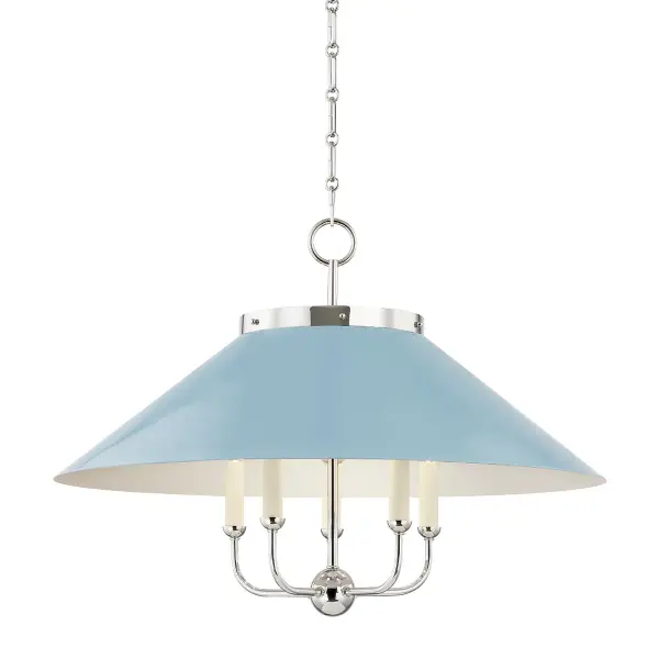 This Hudson Valley chandelier combines polished nickel hardware with unique blue bird glass shades for a sophisticated transitional look. The five-light configuration provides ample illumination while the distinctive shade color adds visual interest.