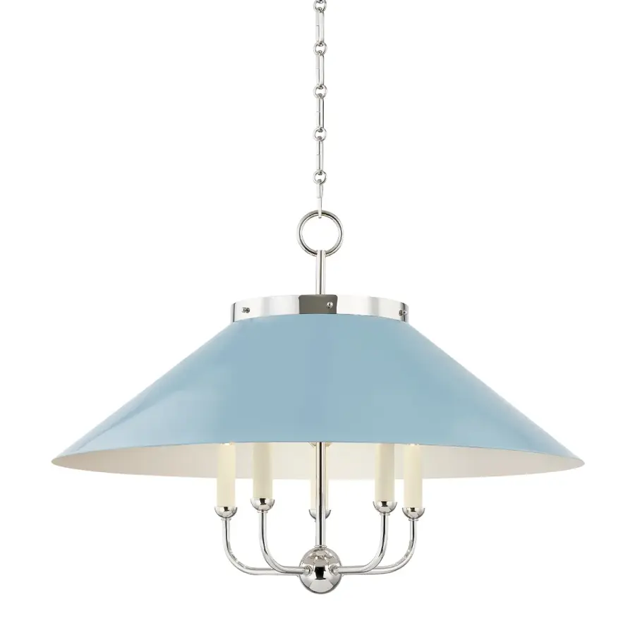 Hudson Valley Lighting Five Light Chandelier in Polished Nickel with Blue Bird Shade - Image 1