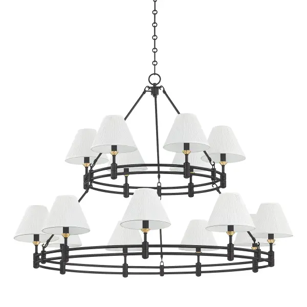 The Howard 15-light chandelier commands attention with its impressive 50-inch diameter and sophisticated two-tier design. Silk shades soften the light while aged brass and distressed bronze finishes add warmth and character to grand spaces.