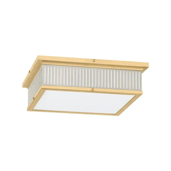 This Hudson Valley LED flush mount combines aged brass metalwork with a soft off-white fabric shade for a refined, versatile look. The integrated LED technology provides energy-efficient illumination ideal for low-ceiling spaces.