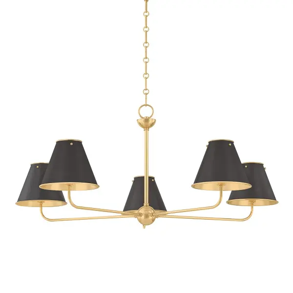 This Hudson Valley chandelier combines aged brass and distressed bronze finishes for a refined transitional aesthetic. The five-light configuration provides ample illumination while the mixed metal treatment adds visual depth and character to dining rooms and entryways.