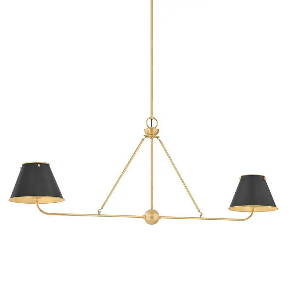 This two-light linear chandelier combines aged brass and distressed bronze finishes for a refined transitional aesthetic. The mixed metal design adds visual interest while maintaining versatility across traditional and contemporary interiors.