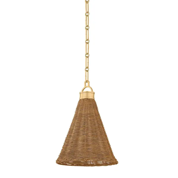 Mark D. Sikes' Kensington pendant brings natural warmth through handcrafted walnut wicker paired with classic Aged Brass accents. The compact 10" diameter makes it ideal for layering multiples or intimate spaces. Living finish develops character over time.