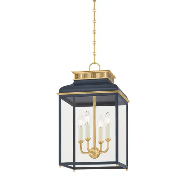 This traditional lantern combines aged brass and distressed bronze finishes for a sophisticated, timeless look. The four-light configuration provides ample illumination while the lantern silhouette adds architectural interest to entryways and dining spaces.