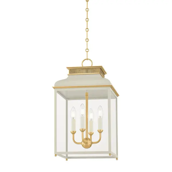 This traditional lantern combines aged brass metalwork with off-white fabric shades for a refined, timeless look. The four-light configuration provides ample illumination while the lantern silhouette adds architectural interest to entryways and dining spaces.