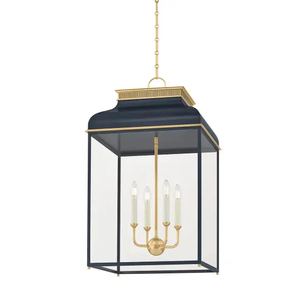 This four-light lantern combines aged brass and distressed bronze finishes for a sophisticated, layered look. The substantial size and traditional lantern silhouette make it ideal for grand entryways and formal dining spaces.