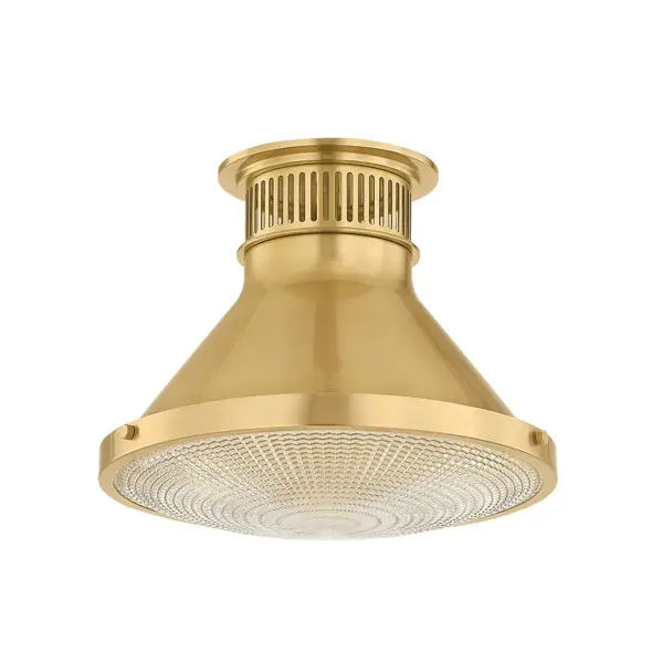 The Highclere flush mount masterfully blends industrial brass hardware with classic bell-shaped glass for a refined, versatile look. Its etched optic glass creates beautiful light diffusion while signature brass screw details add character.