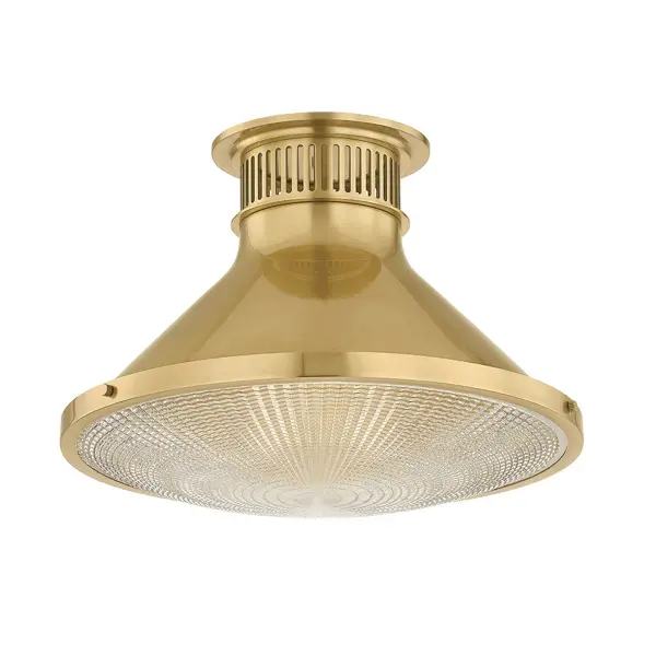 The Highclere blends industrial edge with timeless elegance through its etched optic glass shade and signature brass screw accents. At nearly 18 inches wide, it provides substantial presence for medium to large spaces while maintaining a low profile.