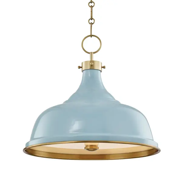 This Hudson Valley three-light pendant combines aged brass metalwork with unique blue bird glass shades for a sophisticated transitional look. The warm brass finish and artisan glass create visual interest while providing ample illumination for dining and gathering spaces.