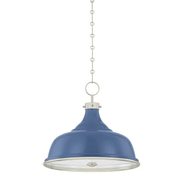 This elegant three-light pendant combines polished nickel hardware with soft French blue glass shades, creating a refined transitional look. The multi-light configuration provides excellent illumination while the distinctive color palette adds personality without overwhelming the space.