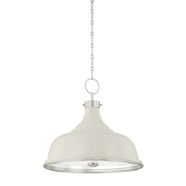 This three-light pendant combines polished nickel hardware with off-white fabric shades for a refined, versatile look. The clean lines and neutral palette work seamlessly in transitional and contemporary spaces.