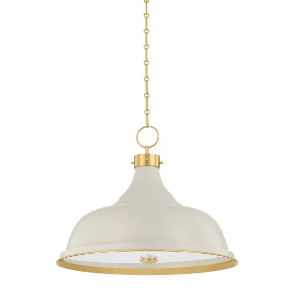 This transitional pendant combines aged brass metalwork with off-white fabric shades, creating a sophisticated lighting solution that bridges traditional and contemporary aesthetics. The four-light configuration provides ample illumination while maintaining visual balance.
