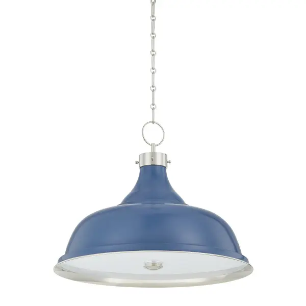 This Hudson Valley pendant combines polished nickel hardware with soft French blue glass shades for a refined coastal-transitional aesthetic. The four-light configuration provides ample illumination while the color palette adds personality without overwhelming the space.