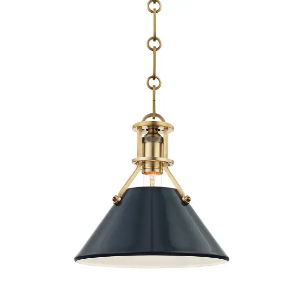 This Hudson Valley pendant combines aged brass with a striking darkest blue finish, creating a refined focal point. The single-light design offers versatile placement options for intimate spaces and accent lighting needs.