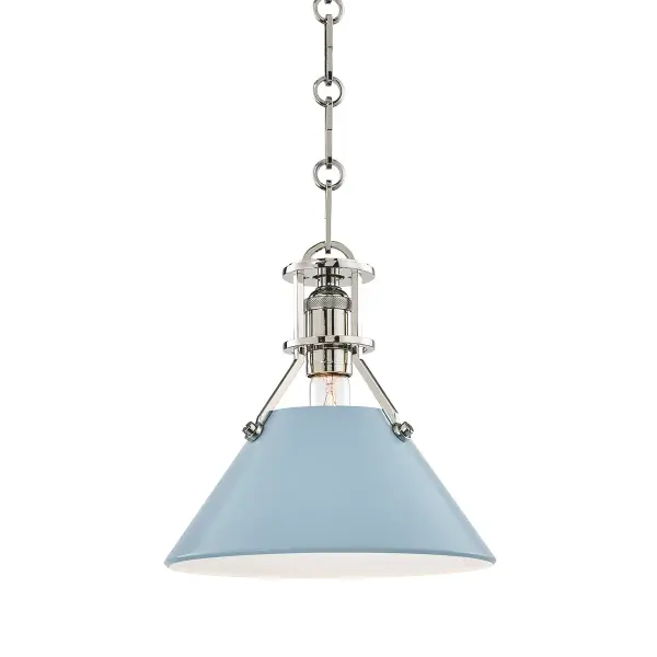 This sophisticated single pendant combines polished nickel hardware with distinctive blue bird glass detailing. The compact design works beautifully over kitchen islands, dining tables, or as accent lighting in smaller spaces.