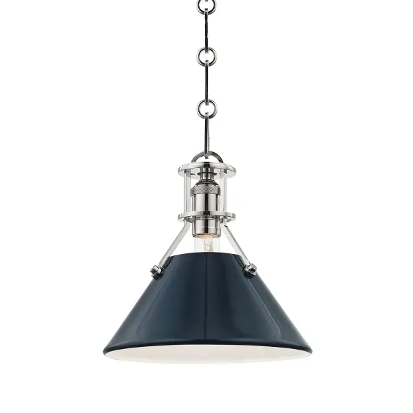 This Hudson Valley pendant combines polished nickel hardware with a striking darkest blue glass shade, creating a refined focal point. The compact scale and versatile design work beautifully over kitchen islands, dining tables, or as accent lighting in contemporary and transitional interiors.
