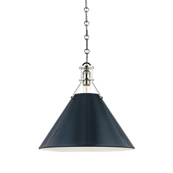 This Hudson Valley pendant combines polished nickel hardware with a striking darkest blue glass shade, creating a refined focal point. The compact scale and versatile finish pairing work beautifully in both residential and hospitality settings.
