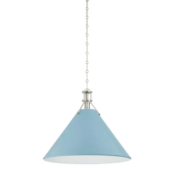 This sophisticated single pendant combines polished nickel hardware with distinctive blue bird glass detailing. The refined finish and compact scale make it ideal for creating focused lighting in intimate spaces.