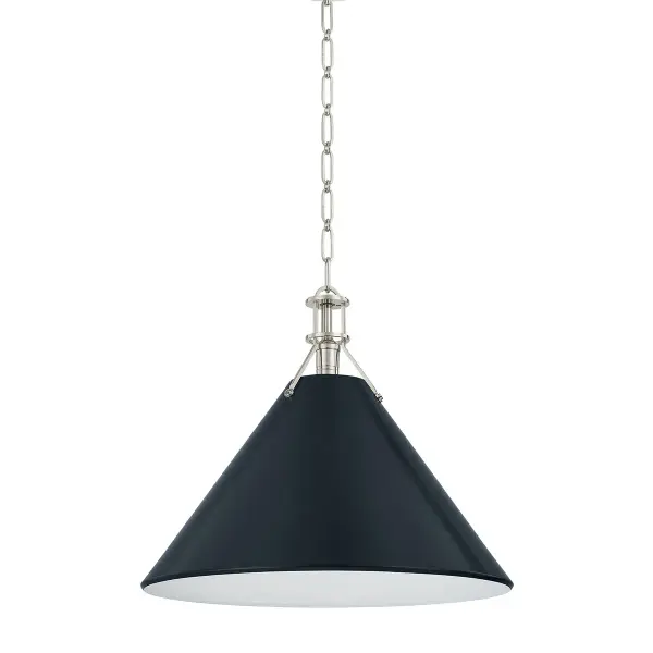 This Hudson Valley pendant combines polished nickel hardware with a striking darkest blue glass shade, creating a refined focal point. The compact scale and versatile finish pairing work beautifully in both residential and hospitality settings.