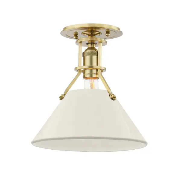 This single-light semi-flush mount combines aged brass metalwork with an off-white fabric shade for a refined, versatile look. Perfect for spaces with lower ceilings where a pendant won't work but style matters.