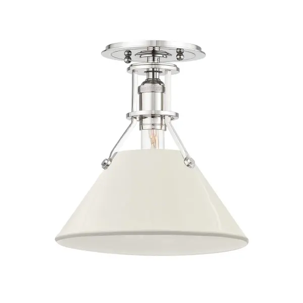 A refined one-light semi-flush mount featuring polished nickel hardware paired with an off-white fabric shade. The compact profile and neutral palette make it versatile for bedrooms, hallways, and smaller spaces needing ambient lighting.